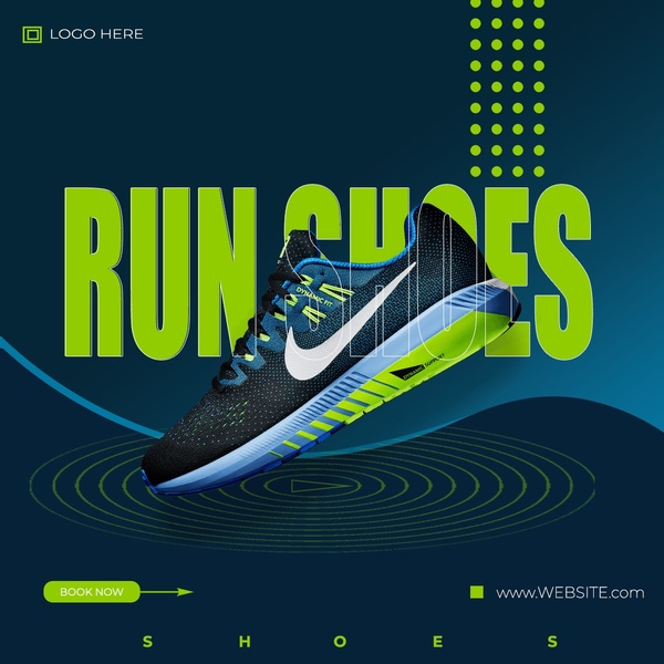 running shoes, athletic shoes, sneakers, sports shoes, trainers, product launch, brand awareness, modern typography, energetic, bold, blue, green